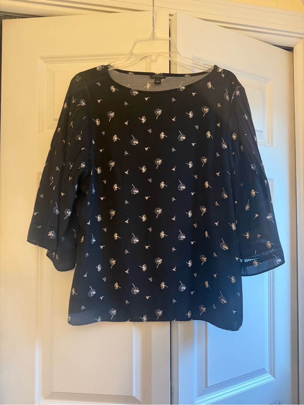 Ann Taylor Black Floral Mesh-Sleeve Blouse
